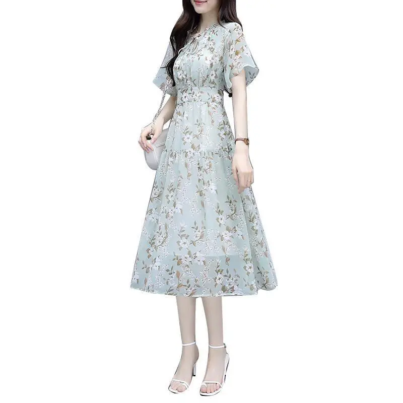 

Women's Spring Summer Style Women's Dress V-Neck Thin Section Chiffon French Romance Printing Temperament Ladies Dress SS3129