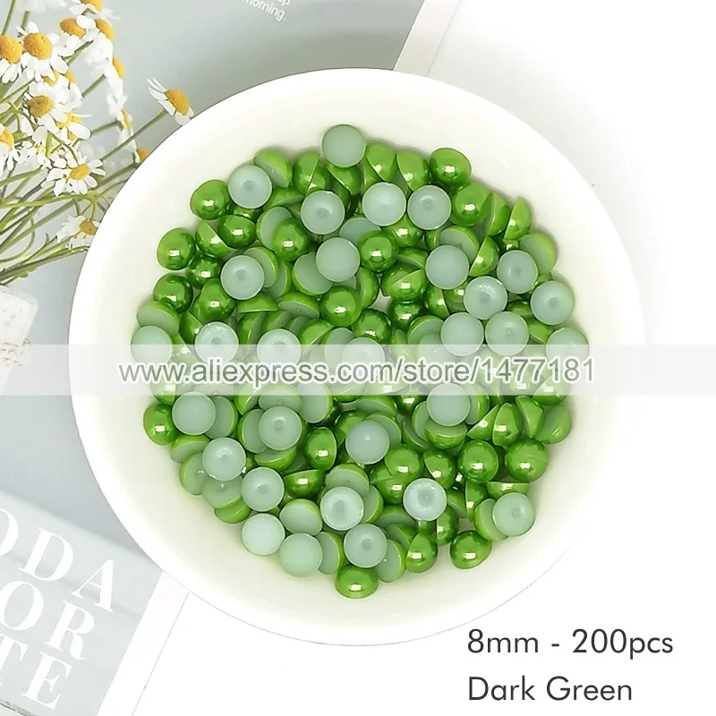 200 шт. 8 мм темно-зеленый жемчуг искусственный с имитацией сзади купольный кабошон