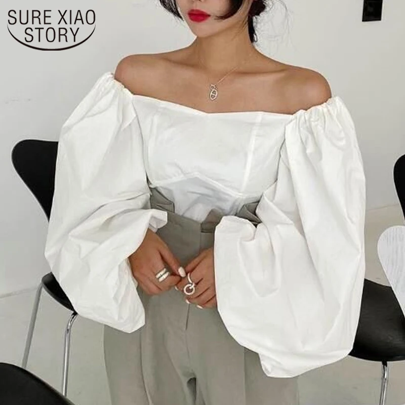 

New Spring Chic Loose Big Puff Sleeve Solid Shirt Slash Neck Temperament Blouse Women Sexy Strapless Slim Tube Top Blusas 12867