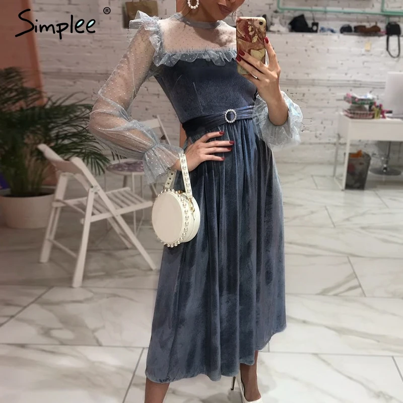 Женское платье макси с высокой талией Simplee плиссированное в горошек пышными