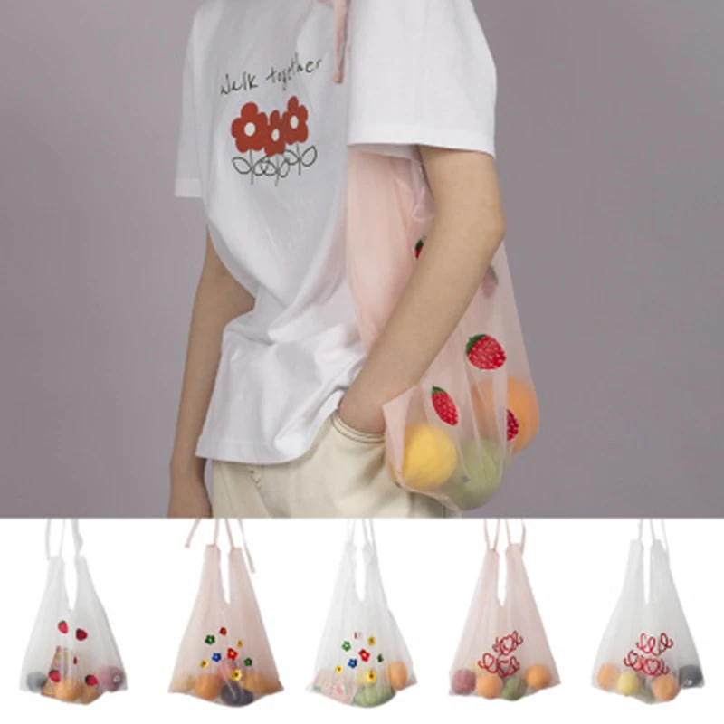 

Women Girl Student Embroidery Mesh Handbag Fashional Portable Shopping Bag For Outdoor