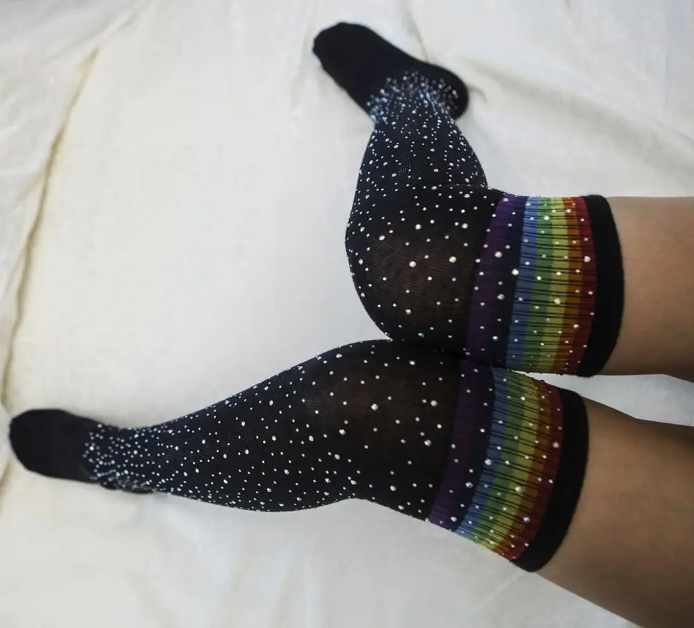 

Fashion Sexy Rhinestone Over The Knee Thigh High Stocking Rainbow Stripe Shiny Warm Comfortable Cotton Stockings