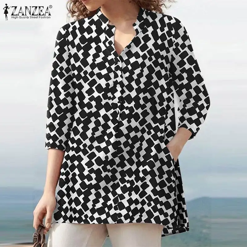 

Женская винтажная рубашка ZANZEA OL с рукавом 3/4, праздничная рубашка с круглым вырезом, осенняя Повседневная Блузка на пуговицах, женские модны...