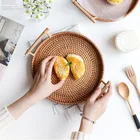 Плетеный поднос из ротанга ручной работы с ручкой для хлеба, фруктов, еды, чая, цветов, завтрака, витрины, корзины для хранения