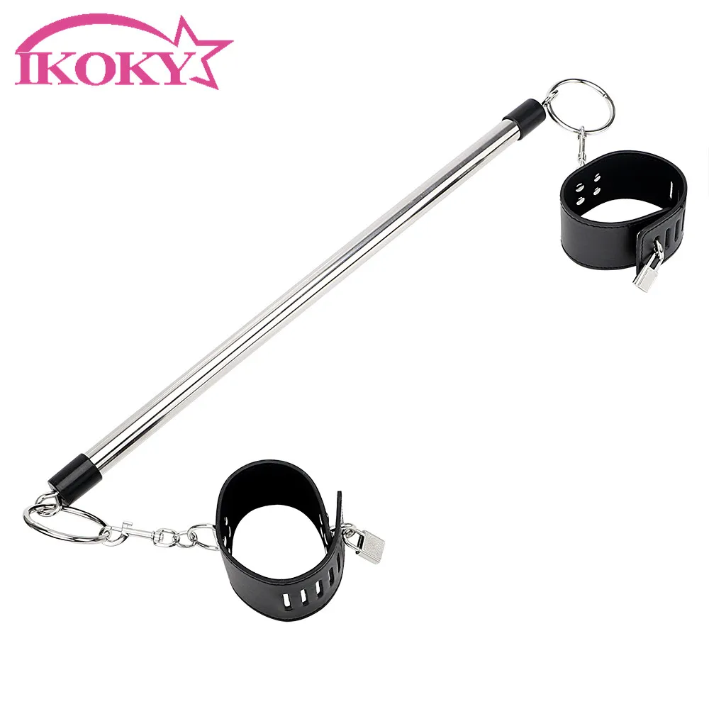 

IKOKY Leather Wrist Ankle Cuffs Restraint Bondage Stainless Steel Spreader Bar With Lock & Keys For Women Couples Sex Toys