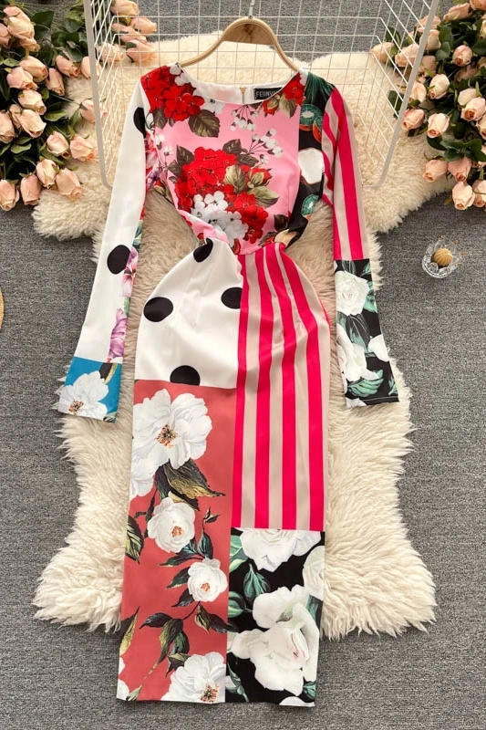 

Runway catwalk design irregular printing long-sleeved dress skirt light luxury ladies style fried street plus size dress