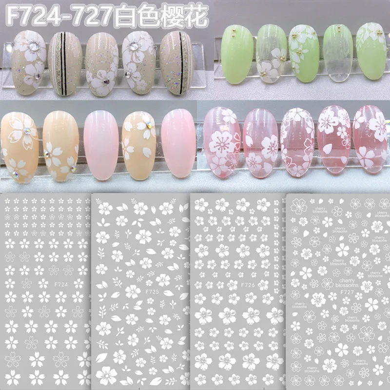 

1P 2 Colors Cherry blossom Nail Stickers Adhesive Decal Colorful Summer Slider Gold White Nail Art Decor Manicure Wrap