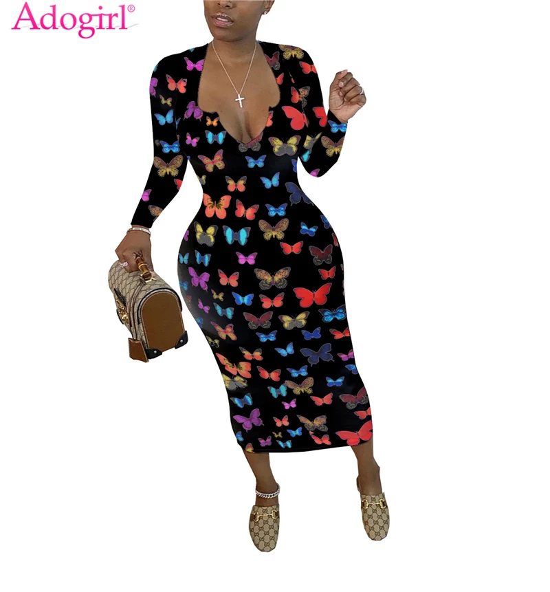 Женское осеннее платье с принтом бабочек Adogirl Сексуальные облегающие