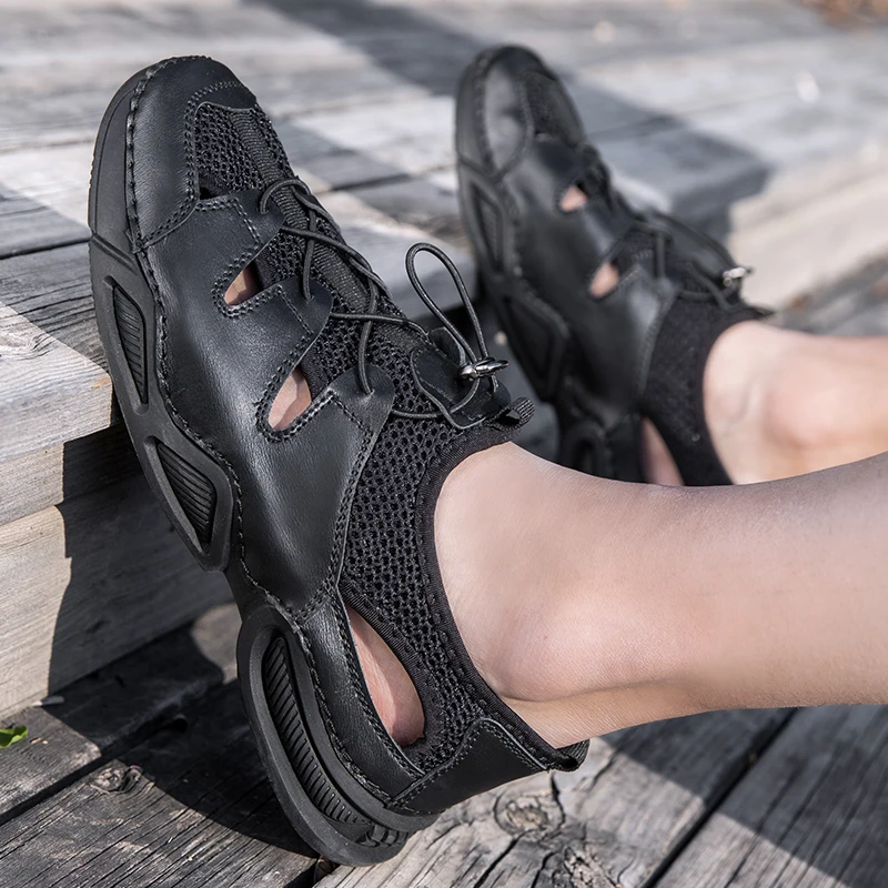 

Men's Sandals Leather + mesh Male Slippers fashion Summer Breathable Beach Outdoor soft footwear Hiking Wading Beach Shoes men