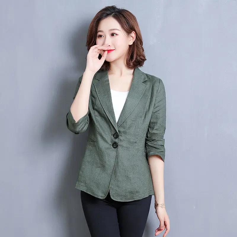 

New 2021 Spring Summer Women Cotton Linen Suit Blazers Coat Femme Casual Pockets Clothing Blazer Women Plus Size Suit Clothes