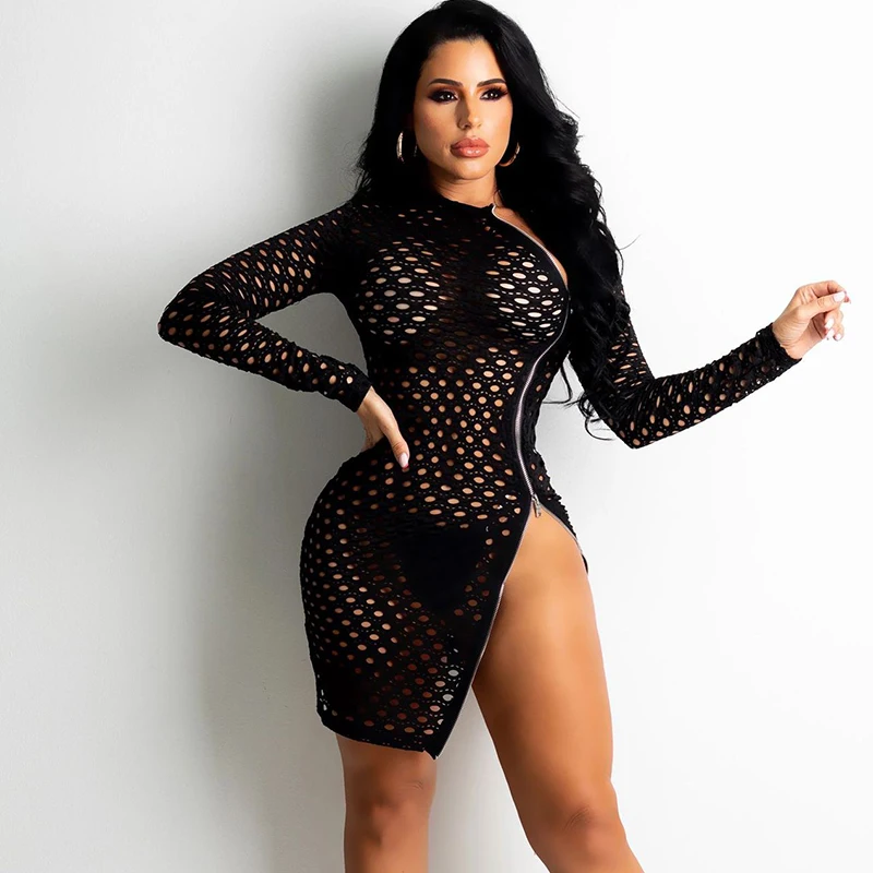 

Женское однотонное Сетчатое Прозрачное платье-мини с длинным рукавом и двойной молнией, эластичное облегающее платье с разрезом, сексуальн...