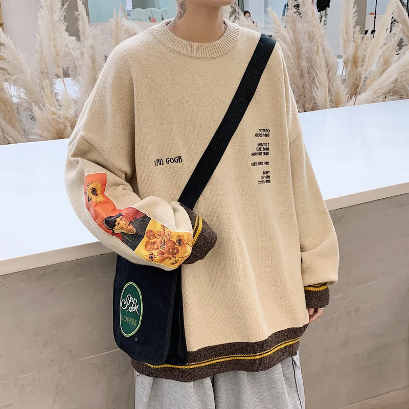 

Dropshipping Van Gogh Sleeve Patchwork Pullover Knit Sweater Women Hip Hop Embroidery Crewneck Knitwear Sweaters Streetwear Tops