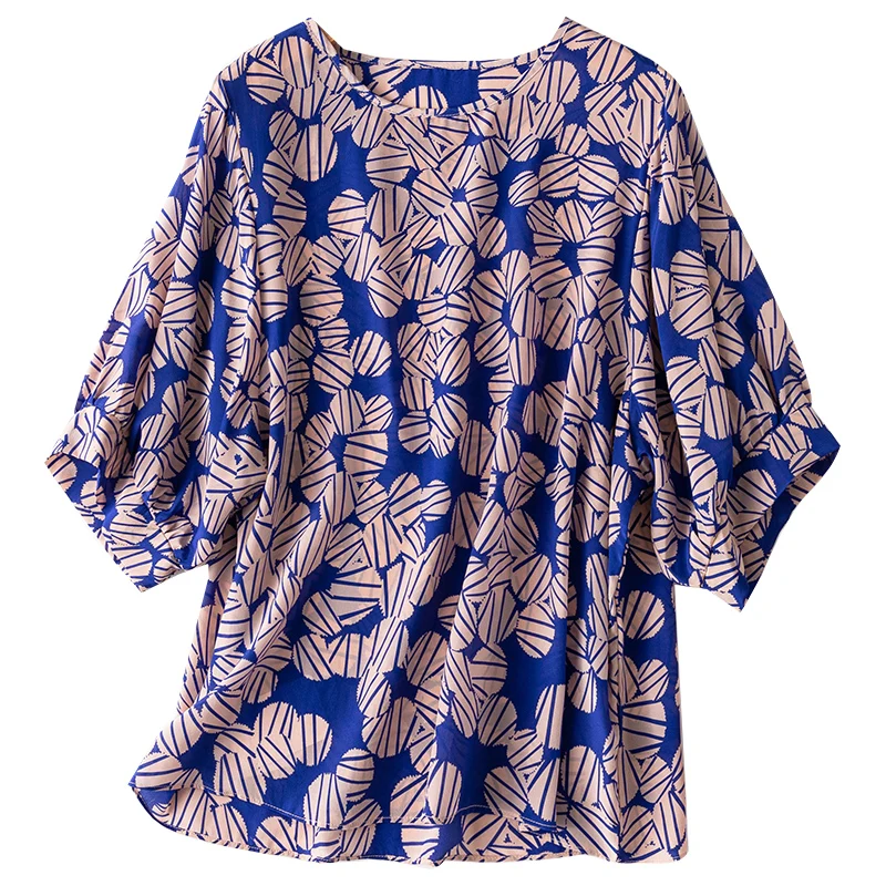 

Women's 100% Silk T-shirt new style loose type Top Blouse Round Neck Lantern sleeve Purple Blue fashion shirt L1102