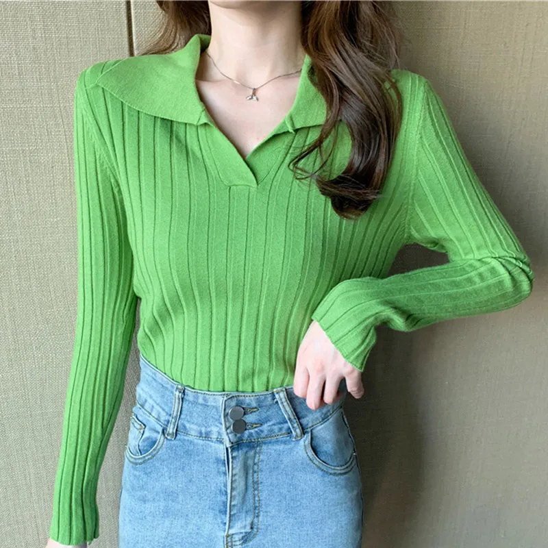 

Polo Shirts Knit Sweater Casual Long Sleeve Top Fashion Women Sweaters 2021 Fall Clothes for Women Sexy Knit Sweater Streetwear