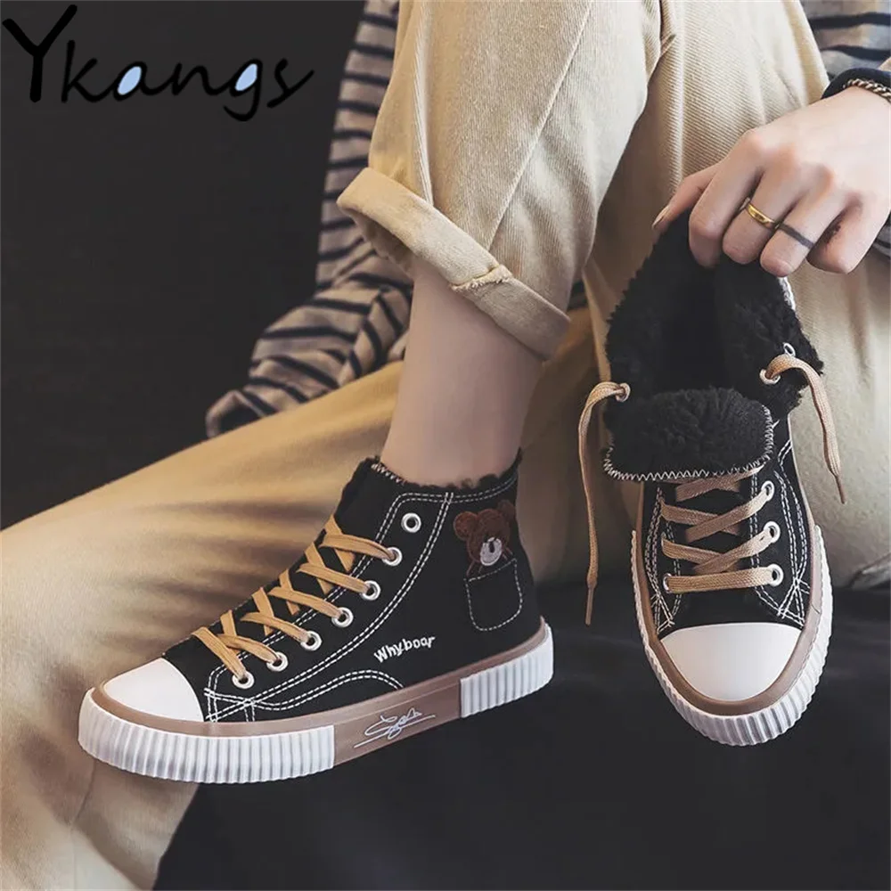 

Высокие кроссовки Женская парусиновая обувь Kawaii Bear зимние весенние универсальные дизайнерские студенческие спортивные кроссовки Harajuku с в...