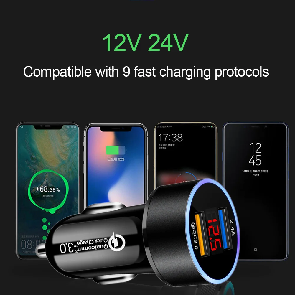 Автомобильное зарядное устройство QC 3 0 с двумя USB-портами и цифровым дисплеем 12 В |