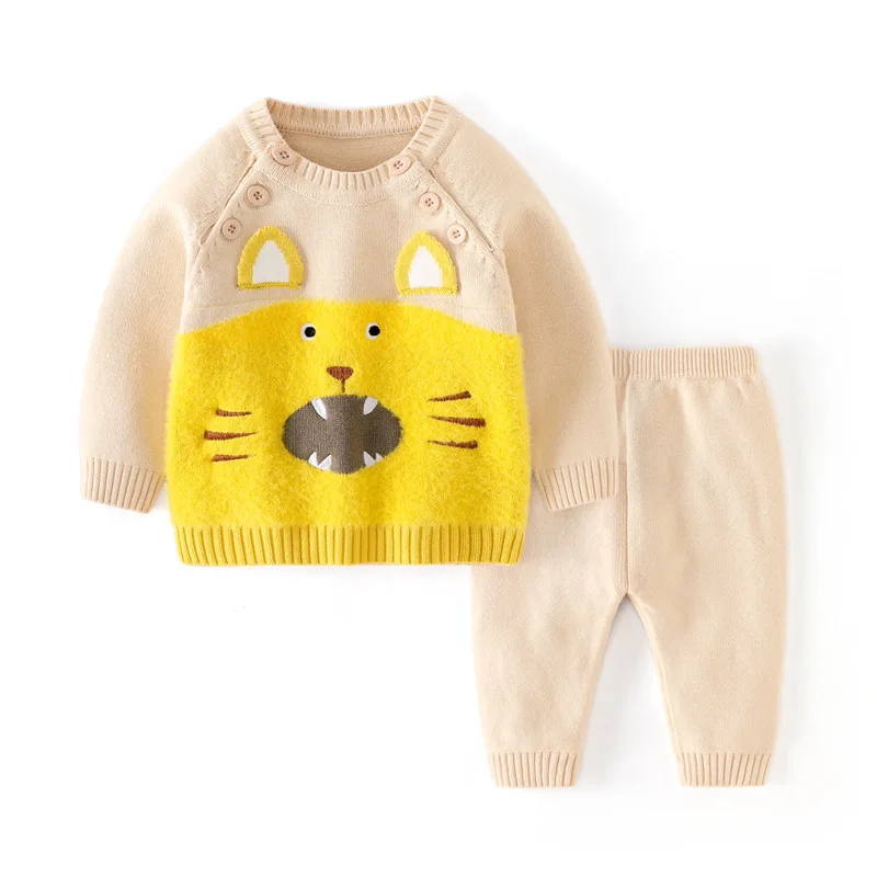 2022 New Autumn Winter Knitted Baby Sets Cotton 2pcs Lovely Animal Pullover Sweaters+Pants Infant Boys Girls Outfit Suits | Детская