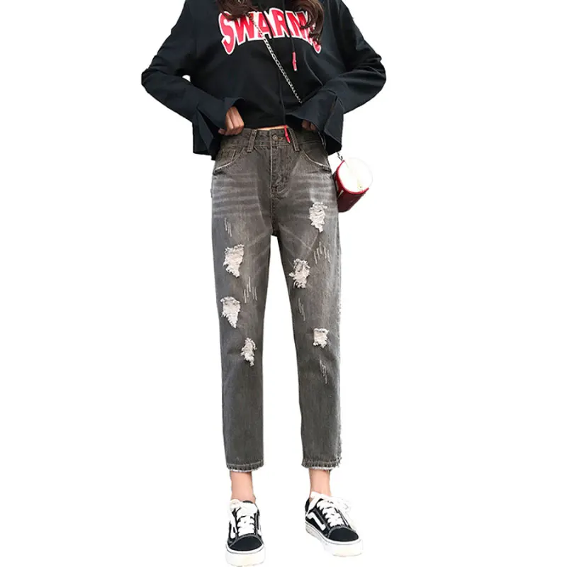 

2021 Spring New Ripped Jeans Women Korean Fashion High-waist Nine-point Trousers Blue Gray Casual Denim Pants Cowboy Clothes