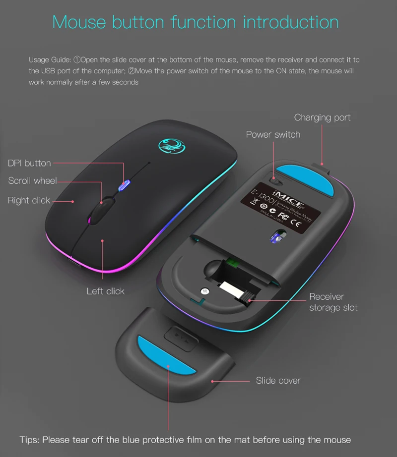 RGB беспроводная мышь Bluetooth компьютерная перезаряжаемая Бесшумная эргономичная USB