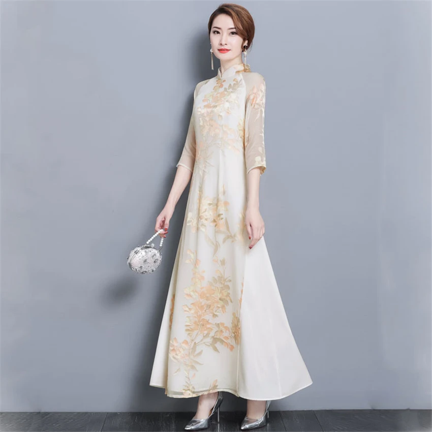 Ao Dai Весна Лето Новое цветочное вьетнамское платье для женщин элегантное Cheongsam традиционное народное Qipao азиатская одежда Vestidos