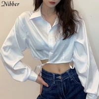 nibber basic preppy style solid tshirt street back split loose female tees pure office lady lace up high quality crop tops