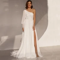 high quality a line wedding dresses custom made long sleeve one shoulder applique side slit sweep train 2021 white bridal gowns