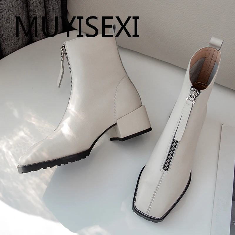 

Front zipper ankle boots Natural genuine leather autumn winter 5cm med heel square toe handmade simple style LBJ07 MUYISEXI