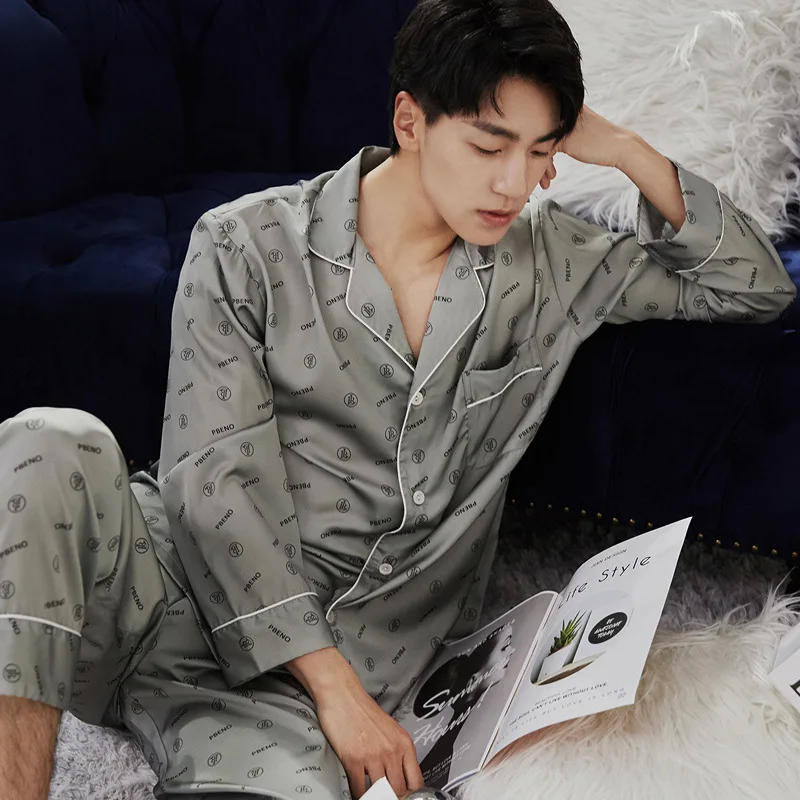 

Для мужчин пижамный комплект, ночное белье, пижама с длинными рукавами из сатина, комплекты со штанами для девочек размера плюс Весенняя Пиж...