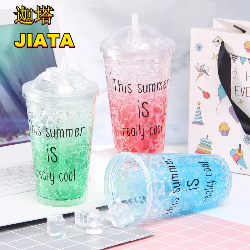 

Coffee Cup Double-layer Plastic Cup Student Creative Portable with Straw Cup Summer Gradient Cool Crushed Ice Cup Straw Cup