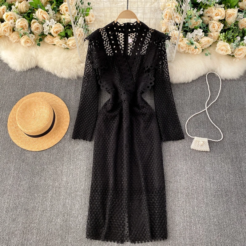 

Sexy V-Neck Long Sleeve Hollow Out Slim Fit Evening Prom Party Dress Robe Femme Korean Fashion Women Lace Midi Dress
