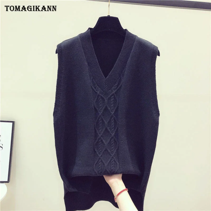 Сплошной свитер без рукавов жилет для женщин Плетеный v образный вырез пуловеры