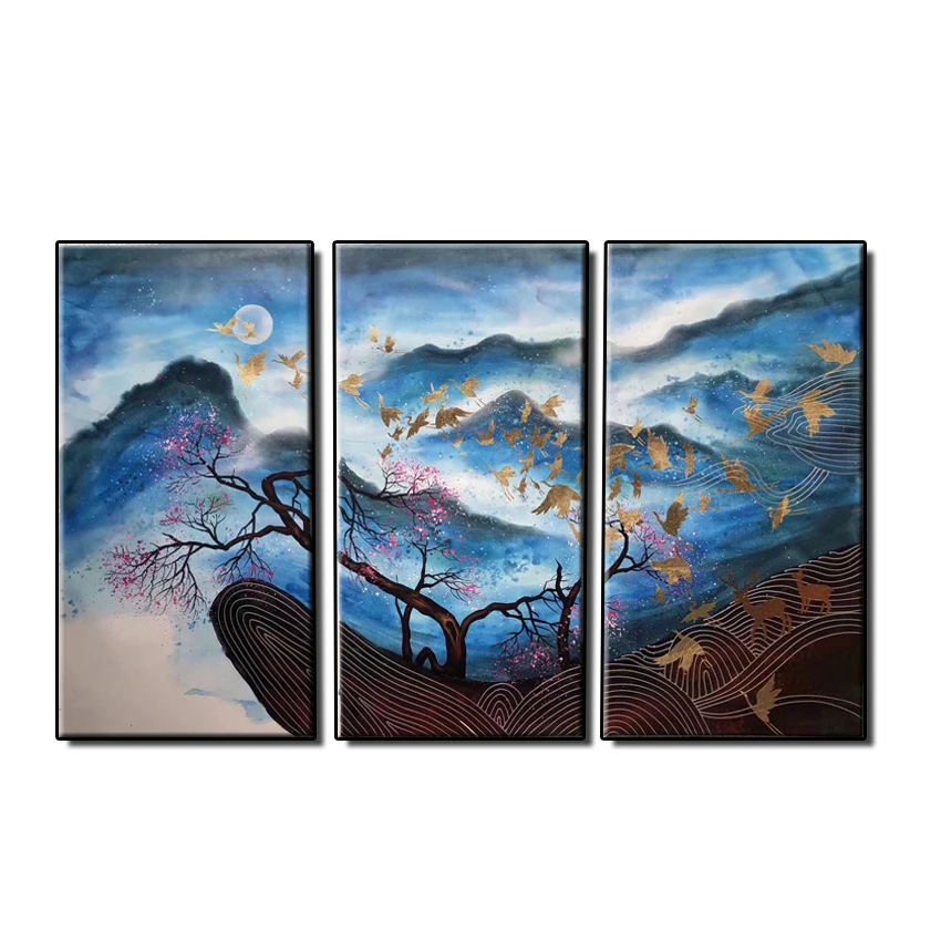 

No Framed Hand Painted 3 Pieces Gold Foil Abstract Handmade Landscape Oil Painting On Canvas Art Wall Paintings Decoration Pie