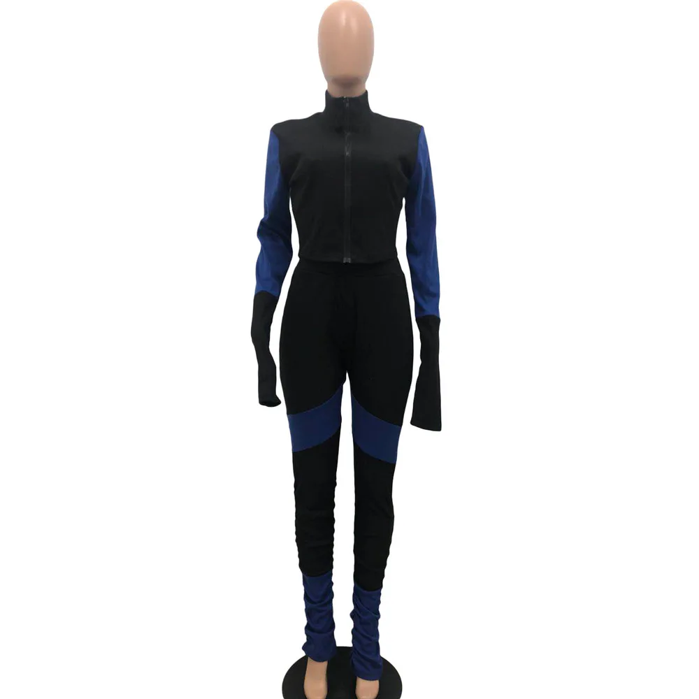 

Fluorescence Color Match 2 Piece Matching Set Woman Tracksuit Long Sleeve Ribbed Crop Top & Stretchy Stacked Pant Co-ord Outfits