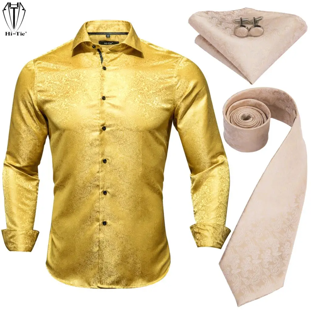 

Hi-Tie, шелковые мужские рубашки с длинным рукавом, Золотая рубашка с узором пейсли, цвета шампанского, на шею, галстук, платок, запонки, набор д...
