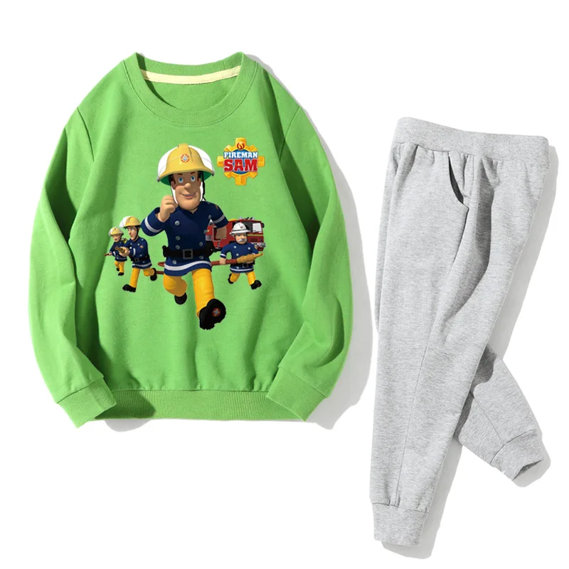 Детские осенние спортивные костюмы, комплекты одежды с принтом пожарного Сэма, пуловер для мальчиков и девочек, пальто+ штаны, комплект одежды из 2 предметов, JZ065