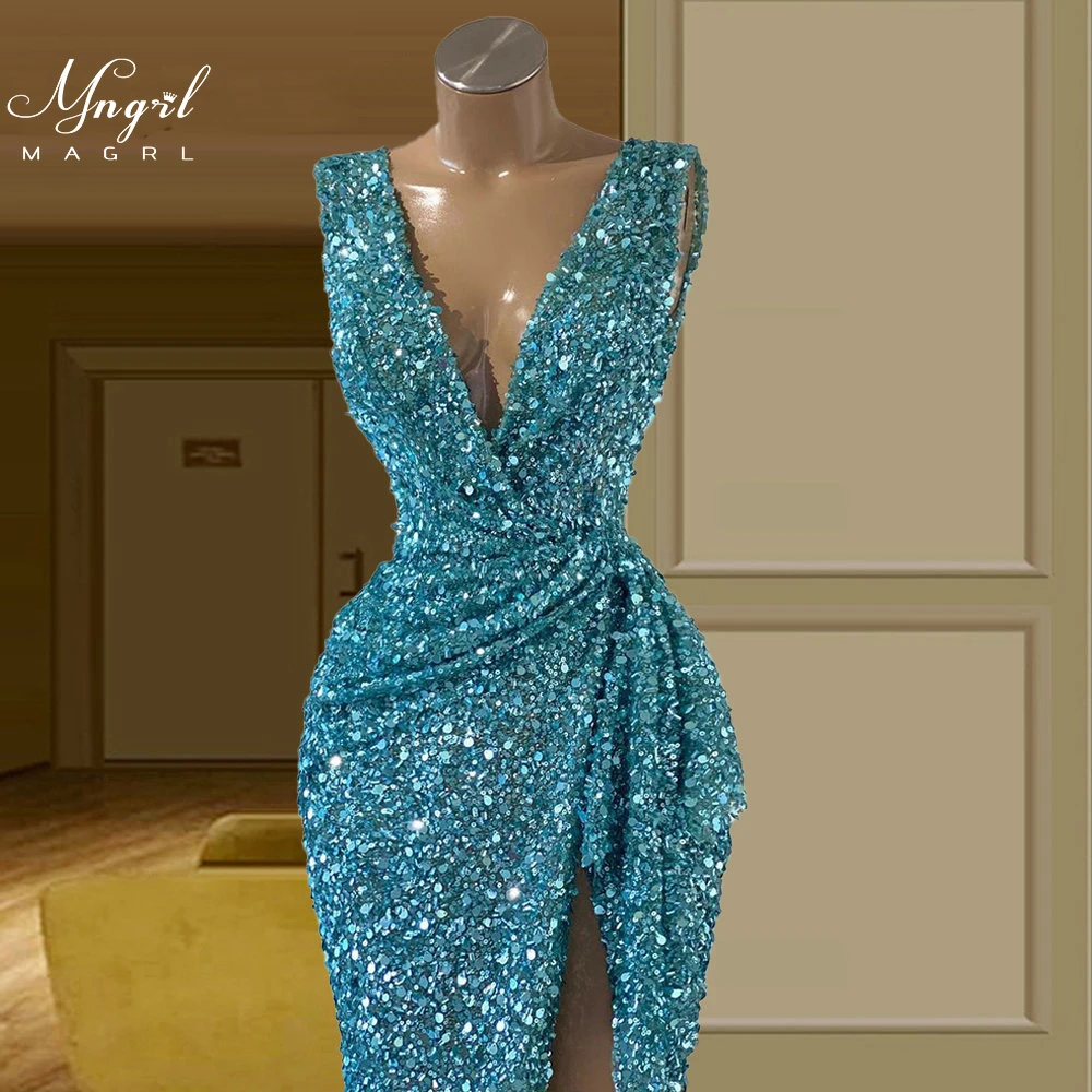 

MNGRL Luxury Evening Dress One-shoulder Long Sleeves Hand-applied Diamonds Glittering 2021 New Evening Dress Party Dress