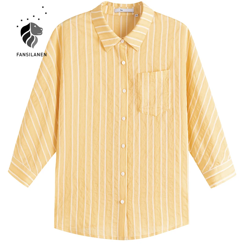

FANSILANEN Office Lady French Striped Shirt Women Summer 2021 New Lazy Style Loose Casual Yellow Straight Tops Blouse