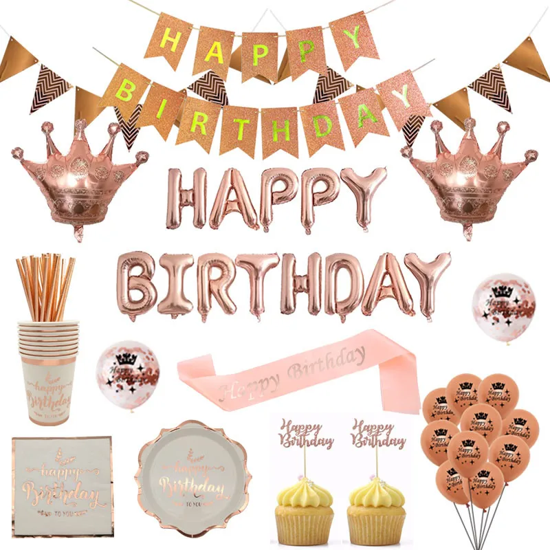 

Rosegold Happy Birthday Balloon Banner Cupcake Topper Sash Tableware Kids Adult Birthday Party Baby Shower Wedding Decor Supplie