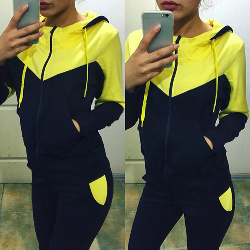 

2 Pieces Sets Fashion Casual Hooded Sweatshirt Hoodies and Pants Patchwork Zipper Up Tracksuit Women Sportswear Women Set