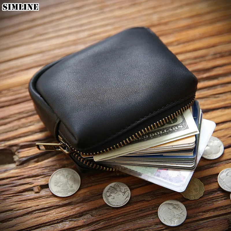 SIMLINE Genuine Leather Coin Purse Men Women Vintage Handmade Short Small Zipper Coin Pocket Case Card Holder Money Bag Wallet