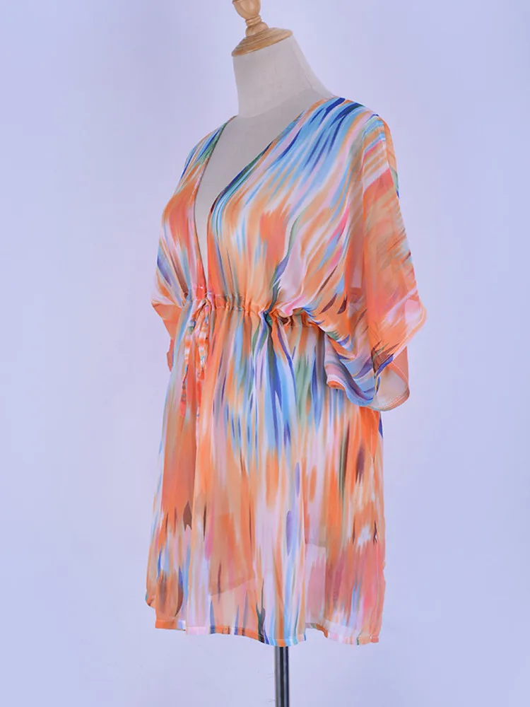 Женское шифоновое пляжное бикини с принтом тай-Дай глубоким V-образным вырезом |