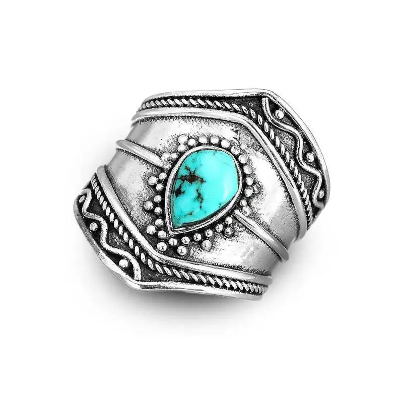 

Bohemian retro irregular turquoise female ring silver drop-shaped gothic exaggerated for men and women couple party jewelry