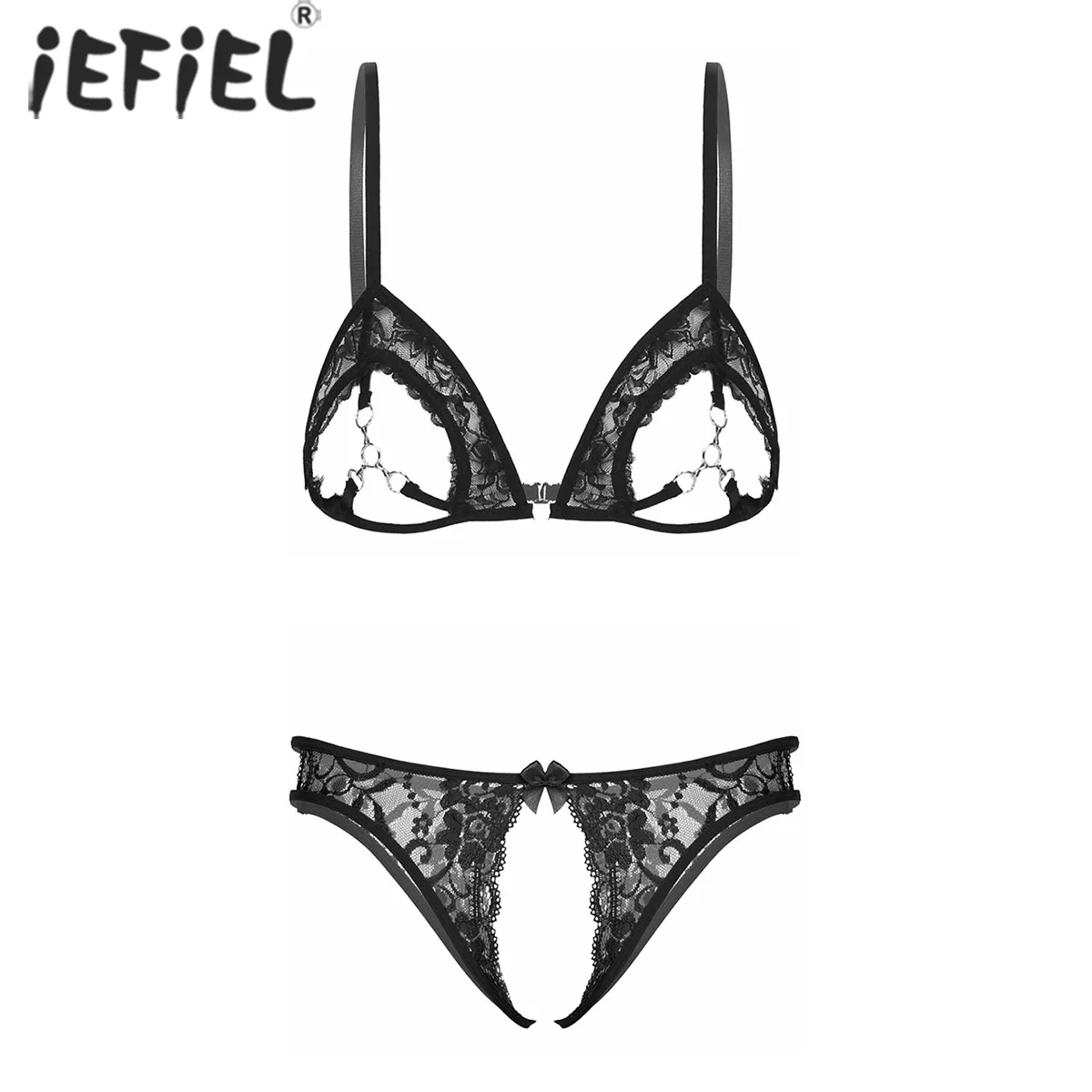 

Women See Through Mesh Hallow Out Bra Tops with Low Waist Crotchless Thongs Underwear Floral Lace Sheer Sexy Lingerie Suit