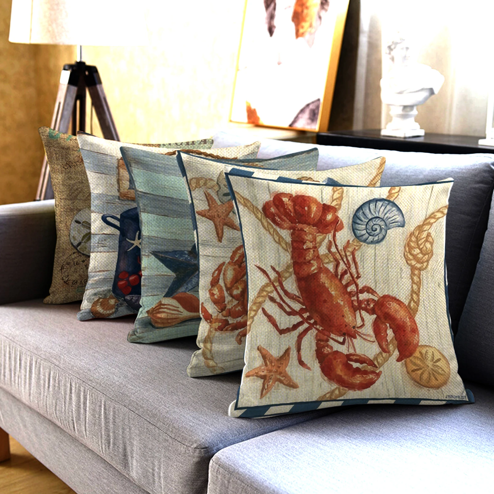 

Fuwatacchi Marine Animal Throw Pillows Cover Seagull Lobster Print Pillowcases For Home Office Sofa Chair Cushion Cover Almofada