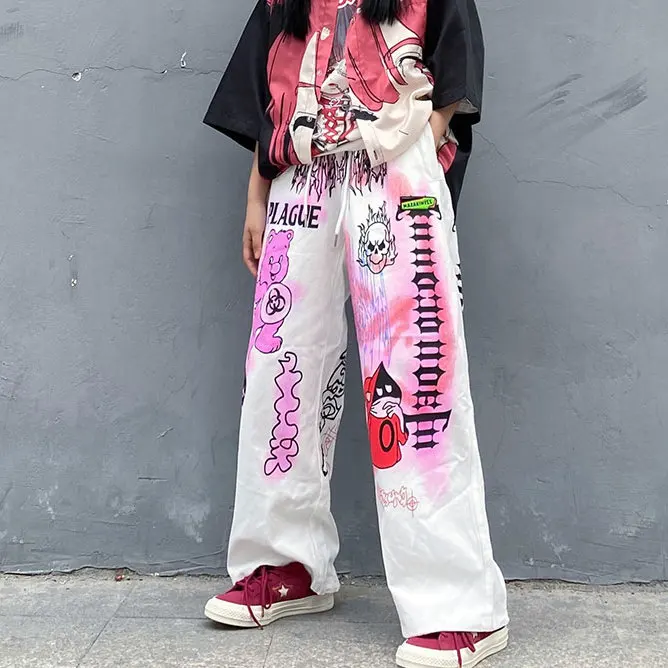 

Custom Printing for Girls Legged Pants Graffiti Straight Pants New Korean Hip Hop Street Cartoon Loose Top Spring Fall Length