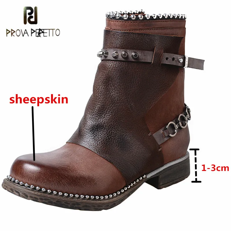 

Prova Perfetto Genuine Leather Retro Women Ankle Boots Do Old Mixed Colors Rivet Chain Buckle Strap Wearproof Thick Bottom Boots
