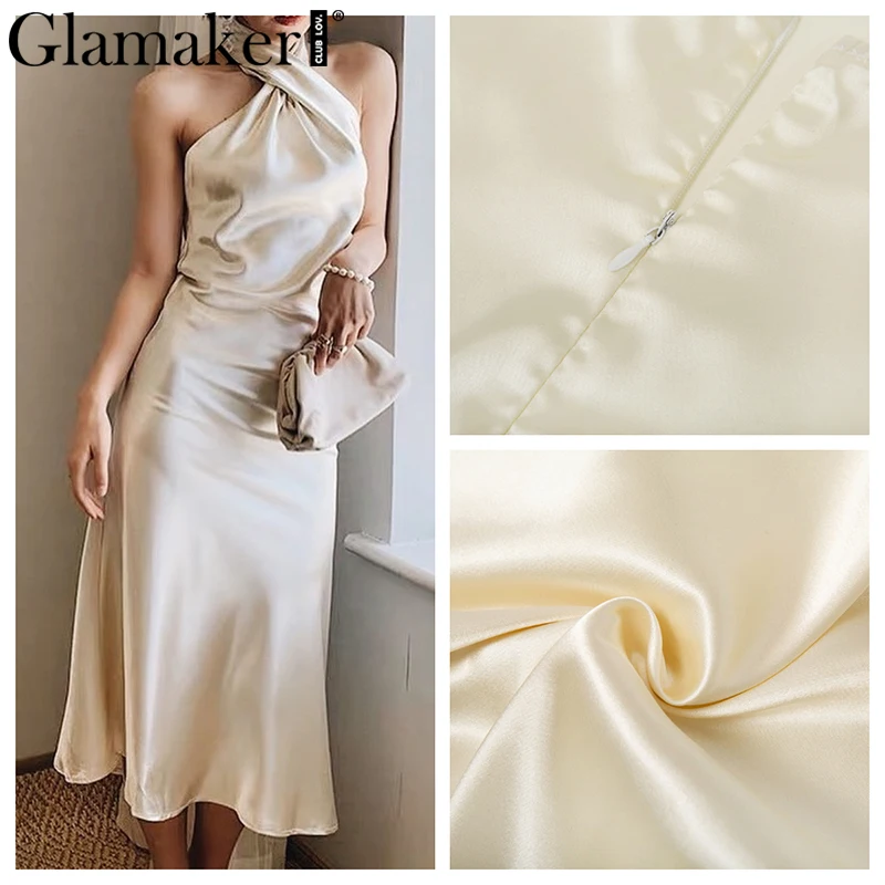 Glamaker, сатиновое, золотое, с открытой спиной, сексуальное, облегающее, длинное платье, женское, летнее, на шнуровке, белое, для вечеринки, элегантное, женское, макси, для клуба, Пляжное Платье