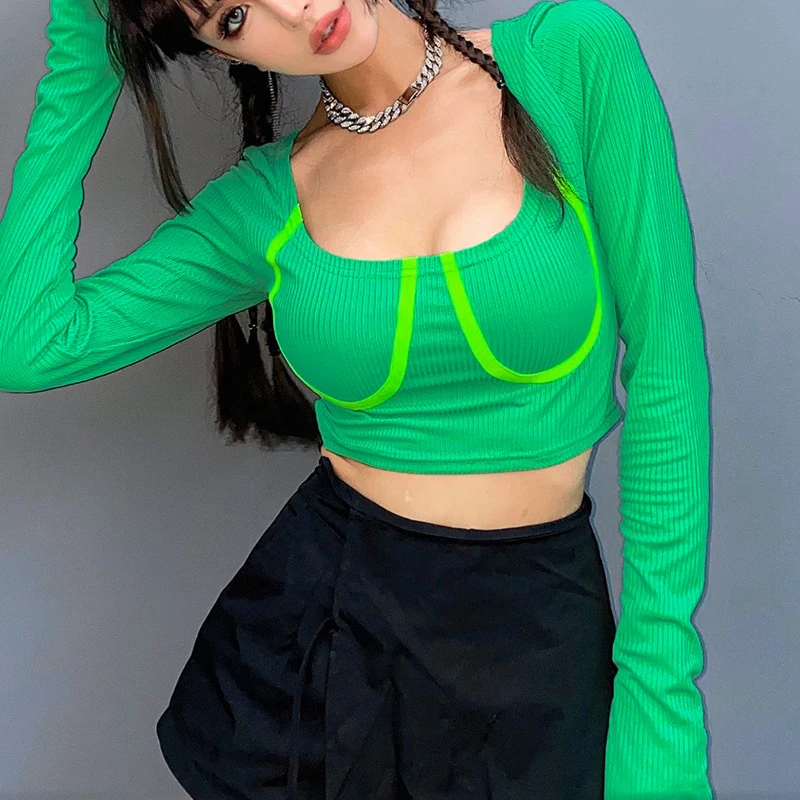 2020 Модный женский летний укороченный Топ с длинным рукавом модная зеленая белая