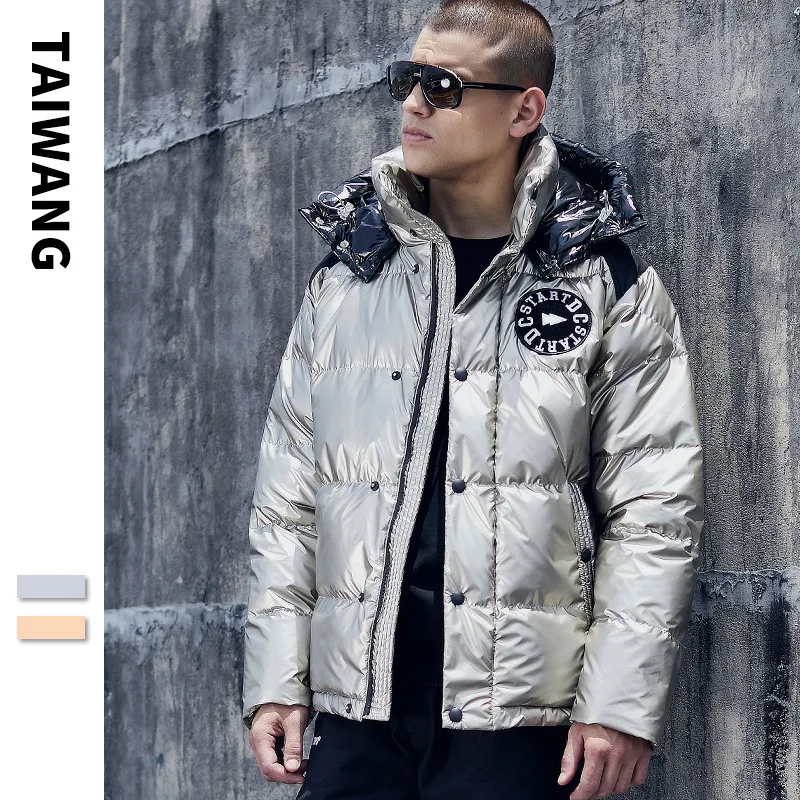 

Men Winter Bright Silver Thick Warm Padded Hooded Parka Jacket Fashion Streetwear Oversized Hip Hop Printed Coat Outwear