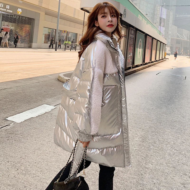 Женская зимняя длинная куртка оверсайз с поясом блестящая теплая парка